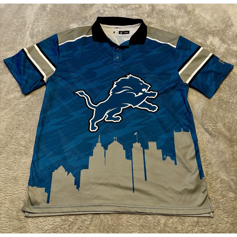 Detroit Lions NFL Team Apparel Men's Size XL Polo Shirt All Over Print Cityscape